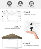 GarveeLife 10x10 Pop Up Canopy with One Button Push Setup - Heavy Duty Outdoor Canopy Tent with Portable Roller Bag - 3 Adjustable Height, 4 Weight Bags, 8 Stakes & 4 Guy Ropes Included, Khaki