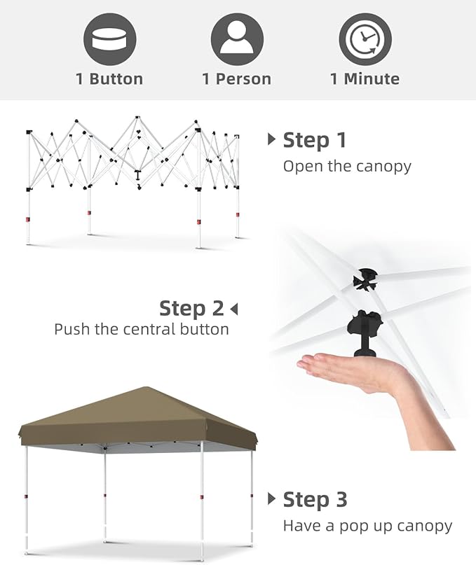 GarveeLife 10x10 Pop Up Canopy with One Button Push Setup - Heavy Duty Outdoor Canopy Tent with Portable Roller Bag - 3 Adjustable Height, 4 Weight Bags, 8 Stakes & 4 Guy Ropes Included, Khaki