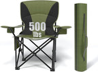 Heavy Duty Folding Chair 500LB Capacity, Oversized Camping Chairs with Cup Holder, Cooler Bag & Storage Pouch, Double-Layer Fabric, Outdoor Chairs for Sports, Lawn Chairs (1, Black Green, Oversized)