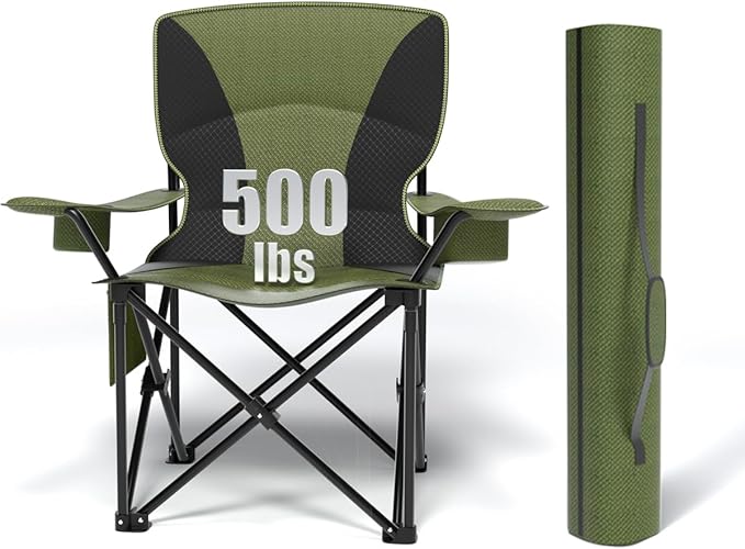 Heavy Duty Folding Chair 500LB Capacity, Oversized Camping Chairs with Cup Holder, Cooler Bag & Storage Pouch, Double-Layer Fabric, Outdoor Chairs for Sports, Lawn Chairs (1, Black Green, Oversized)