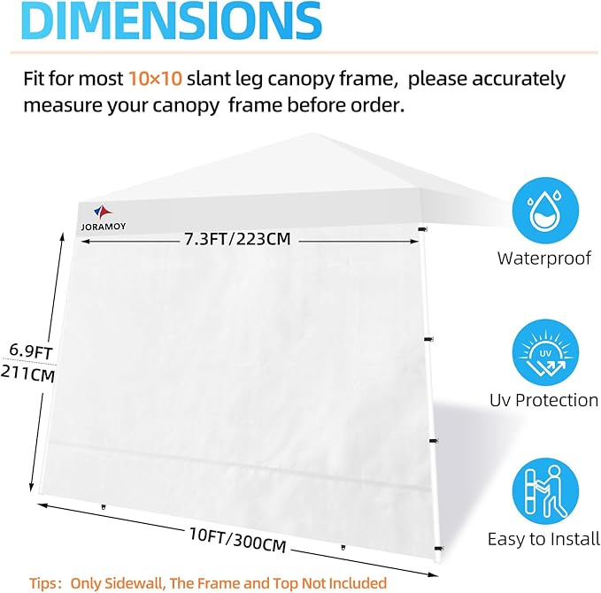 Joramoy Canopy Tent Sidewalls for 10×10 Slant Leg Pop Up Canopy Frame, Instant Sunwall with with Waterproof and UV Protection Layer, Tent Side Panels Shade Wall, 1 Pack Sidewall Only(White)