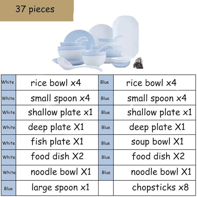 GaRcan Dinner Set,37 Pieces Dinnerware Set Blue and White Porcelain Tableware Combination with Dinner Plate Bowl Fish Plate and Chopsticks