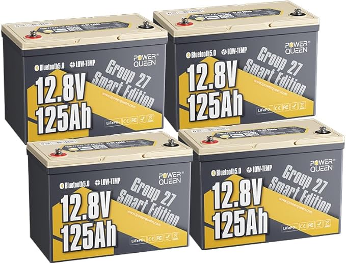 Power Queen Lithium Battery 12V 125Ah, Bluetooth Group 27 LiFePO4 Battery with Low-Temp Protection, 1600Wh Energy Max. 15000 Cycles for RV, Solar System, Trolling Motor