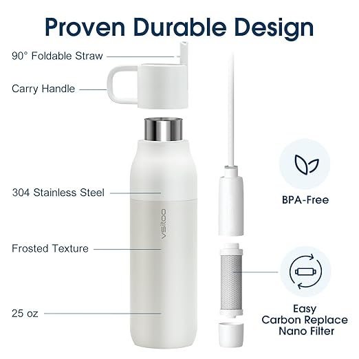 Vsitoo 25oz Insulated Stainless Steel Filtered Water Bottle for Travel and Everyday Use ，5-Stage 0.01μm Ultra-Strong Filtration，Reusable，Improves Taste，for Hiking, Cycling, Gym & Outdoor Use，White