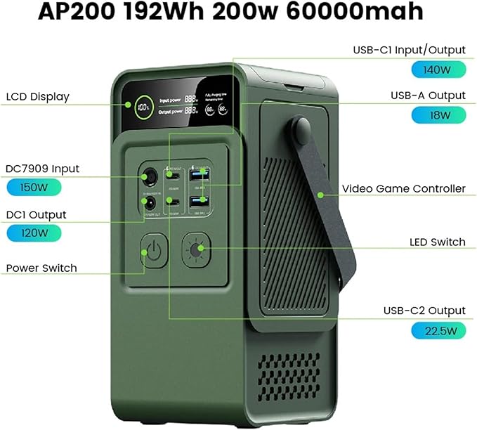 Power Station, AP200L 200W Portable Power Bank 192Wh Solar Generator Camping Station with LED Light,for Outdoor Camping Home