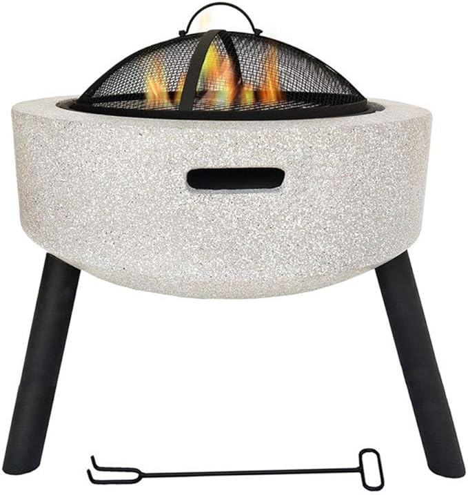 Fire Pit with Barbecue Grill Magnesium Oxide Fire Pit Bowl with Triangular Bracket Suitable for Outdoor Garden Barbecue Camping (White)