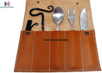 Nautical-Mart Medieval Five-Piece Cutlery Set (Hand Forged Dinning Set, Carbon Steel, 5 Pieces, Knife, Fork, Spoon, Bottle Opener, Fire Striker Steel, Leather Pouch)