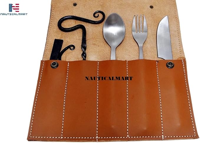 Nautical-Mart Medieval Five-Piece Cutlery Set (Hand Forged Dinning Set, Carbon Steel, 5 Pieces, Knife, Fork, Spoon, Bottle Opener, Fire Striker Steel, Leather Pouch)