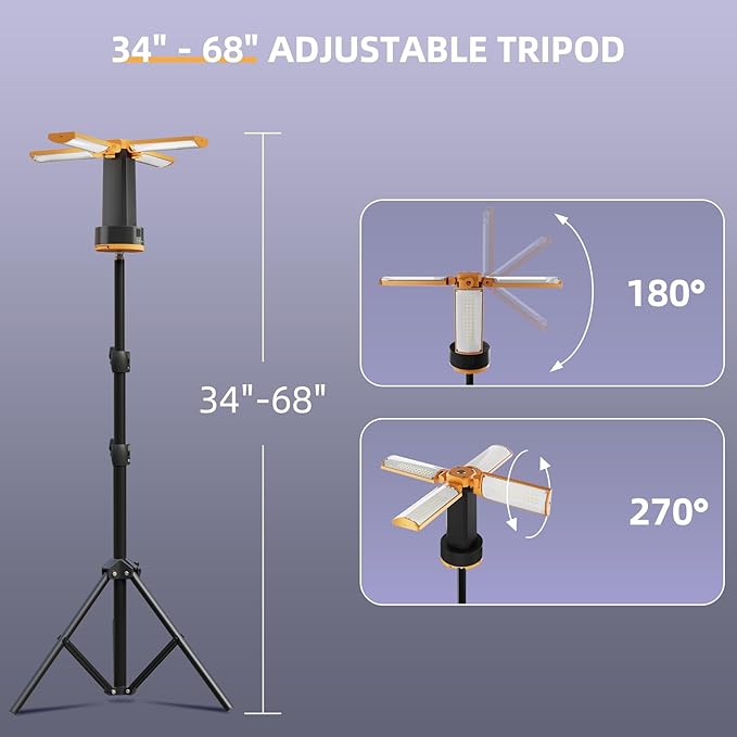 T-SUN Rechargeable Camping Light with Stand, 10400mAh LED Work Light 4100 Lumens with 4 LED Lamp Heads, Portable Work Light with Detachable Tripod 67" Max Height (Orange)