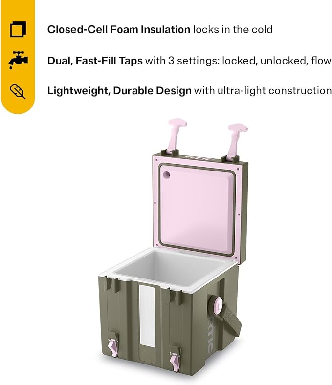 RTIC Halftime Water Cooler 3 Gallon Portable Carrier Container, Drink Beverage Dispenser, Stackable with 2 Taps, Bottleless, BPA-Free, for Sports, Camping, BBQ, Parties, Picnic, Olive/Pale Pink