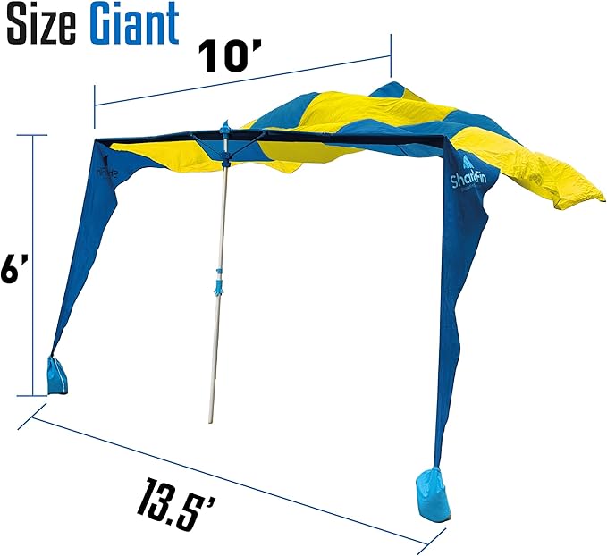 Shark FIN Shade Beach Tent Wind Sun Canopy Portable Easy Set Up UPF 50+ No Assembly Required 3-30 MPH - 1 to 8 People - Tie Downs Included - 2 Sizes Large 9' X 10' & Giant 13.5' X 10' PATENTS Pending