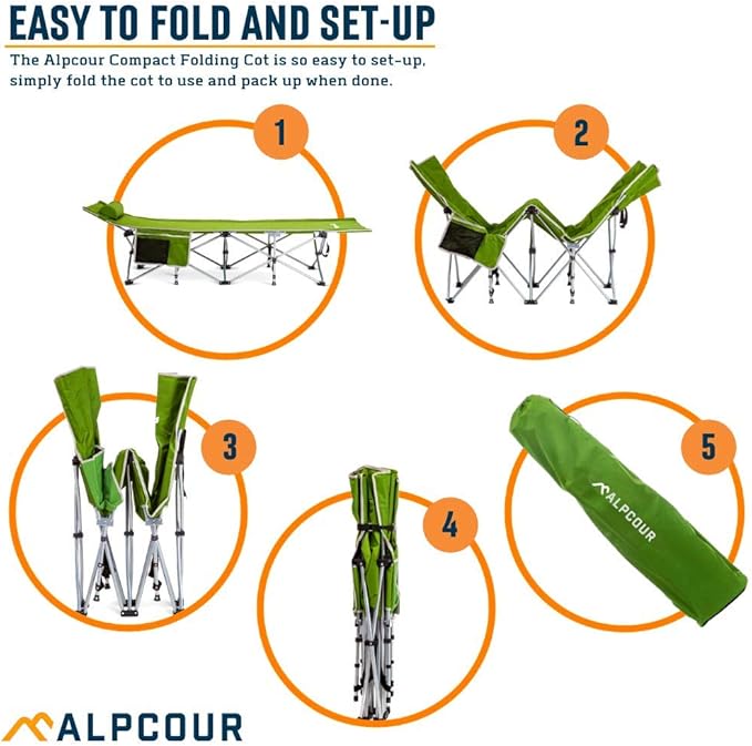 Alpcour Folding Camping Cot – Deluxe Collapsible Single Person Bed in a Bag w/Pillow for Indoor & Outdoor Use – Ultra Lightweight, Comfortable, Heavy Duty Design Holds Adults & Kids Up to 300 Lbs