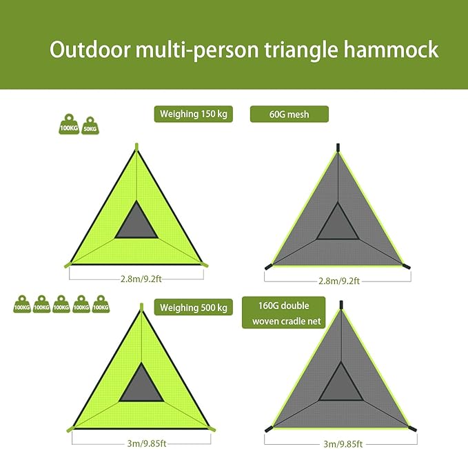 Triangle Hammock 10FT, Heavy Duty 300LBS-1000LBS Capacity for 1-3 Person, Portable Camping Hammock with Storage Bags, Multi-Person Hammock for Outdoor, Backpacking, Travel (Green-2.8m-150kg)