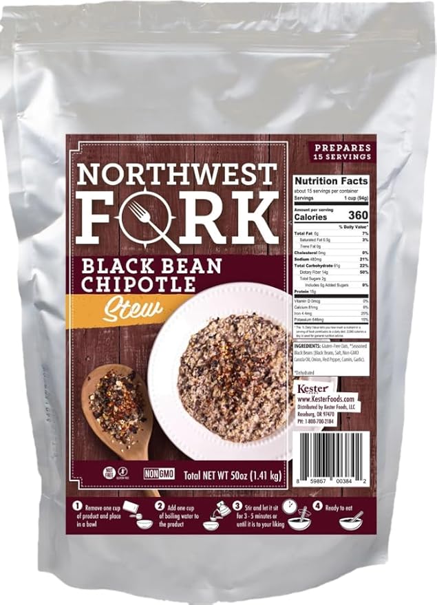 NorthWest Fork Black Bean Chipotle Stew (Gluten-Free, Non-GMO, Kosher, Vegan) 15 Serving Bag - 10+ Year Shelf Life