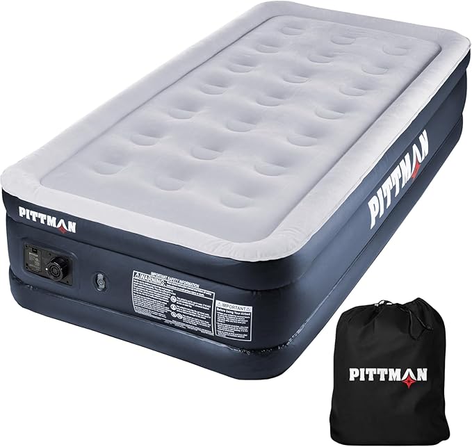Pittman Outdoors - Black 18" Luxury Double High Twin Air Mattress with Built in Pump - Premium Comfort Twin Size Blow up Mattress - 300lb Capacity - Ideal for Home Visits, Guests, Travel or Camping