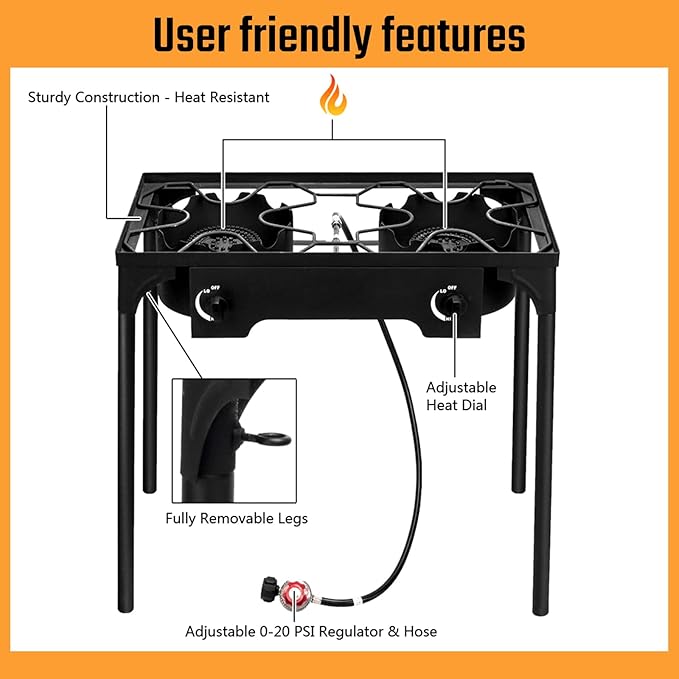 2 Burner Propane Gas Stove, 150,000 BTU Outdoor Camping Cooker with Removable Legs, 0–20 PSI Regulator & Hose, Heavy-Duty Cast Iron Double Burner for BBQ, Frying, and Boiling