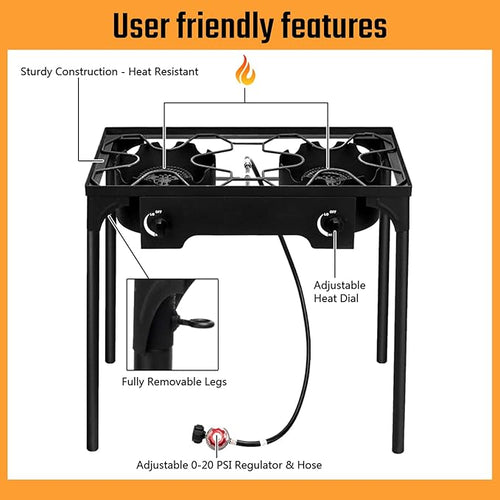 2 Burner Propane Gas Stove, 150,000 BTU Outdoor Camping Cooker with Removable Legs, 0–20 PSI Regulator & Hose, Heavy-Duty Cast Iron Double Burner for BBQ, Frying, and Boiling