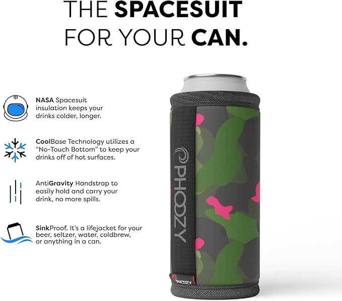 PHOOZY Insulated Can Cooler for Slim 12oz Cans with NASA-Inspired Technology - Patented Koozie That Keeps Drinks Cold 10x Longer - Lightweight Beer Koozie for Outdoor Adventures - Pink Camo