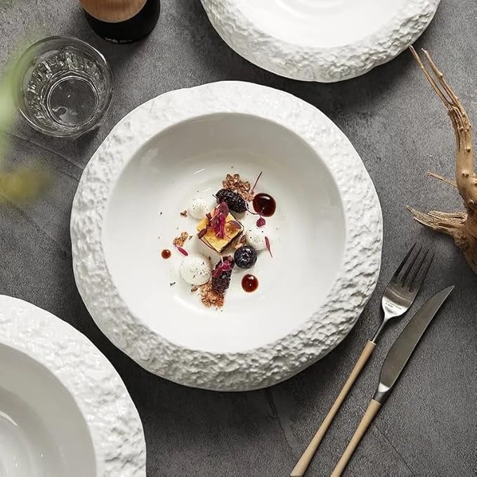 Camping Plates 8.5-inch Rock-Grain Ceramic Plate Household Deep Dish Creative Hotel Restaurant Tableware White Dinner Soup Decorative Plate(8.5 in)
