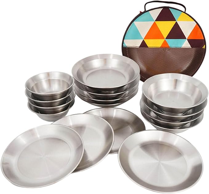 Set of 16 Stainless Steel Camping Plates Outdoor Dinnerware Barbecue Tableware Travel Friendly Meal Plate Cookwares Rusts Dinner Plates