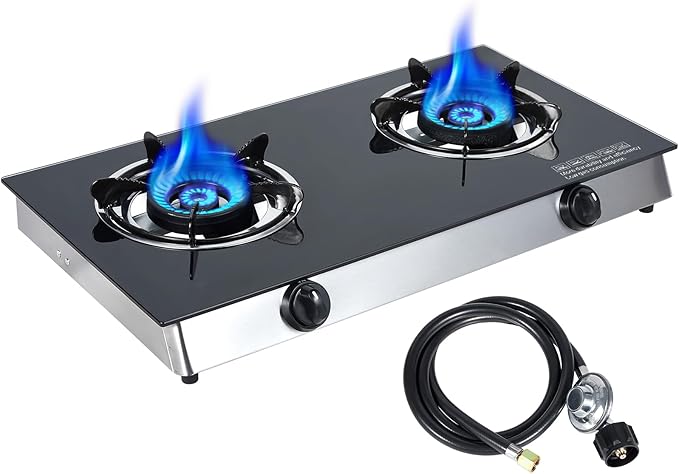 2 Burner Propane Gas Cooktop, Portable Tempered Glass Double Burner Stove with Auto Ignition, 30,000 BTU, CSA Certified Regulator & Hose, Outdoor Camping RV BBQ Kitchen LPG Gas Stove