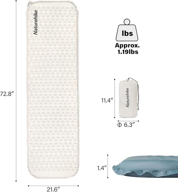 Naturehike Self-Inflating Sleeping Mat Lightweight Comfortable Asleep Pad 1.4" Sponge Filling Ergonomic for Hiking Picnicking Outdoor Activities & Family Camping Portable Foldable (White-Rectangle)