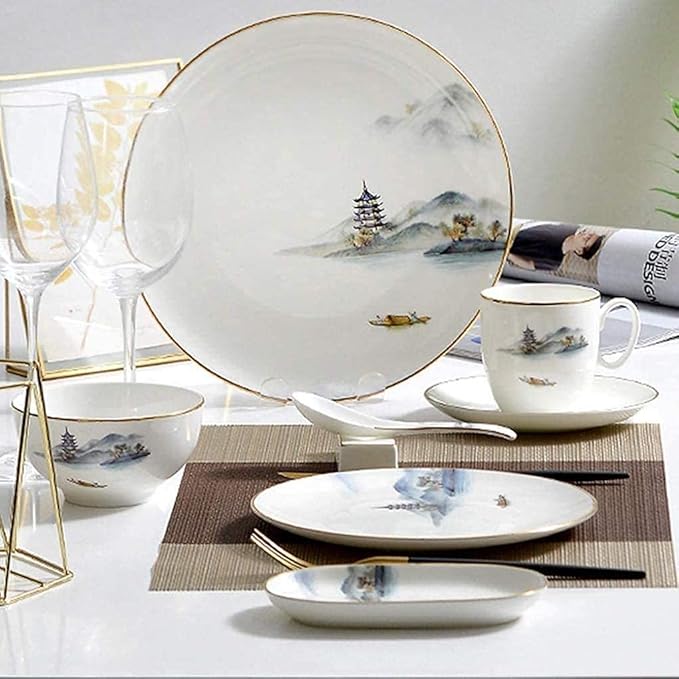 GaRcan Dinner Setspottery Tableware,8 Pieces Landscapeing Porcelain Dinnerware Set Ceramic Plate Combination Sets Dinner Plate Dessert