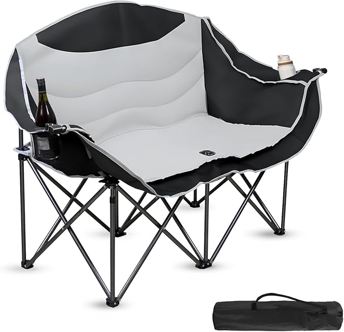 Double Camping Chair Loveseat with Cup Holders, 2 Person Folding Outdoor Chair, 550lbs Heavy Duty, 600D Oxford Fabric Padded Seat, Portable Camping Couch for Camping and Sports Event
