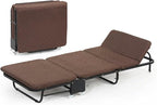 Folding Bed with Mattress, Portable Foldable Adult Bed Frame for Guest, Fold up Bed Cot for Indoor Outdoor Travel Camp Vacation(Brown)