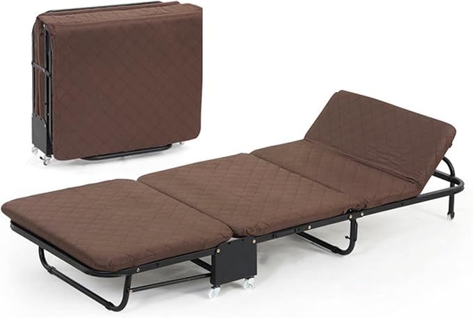 Folding Bed with Mattress, Portable Foldable Adult Bed Frame for Guest, Fold up Bed Cot for Indoor Outdoor Travel Camp Vacation(Brown)