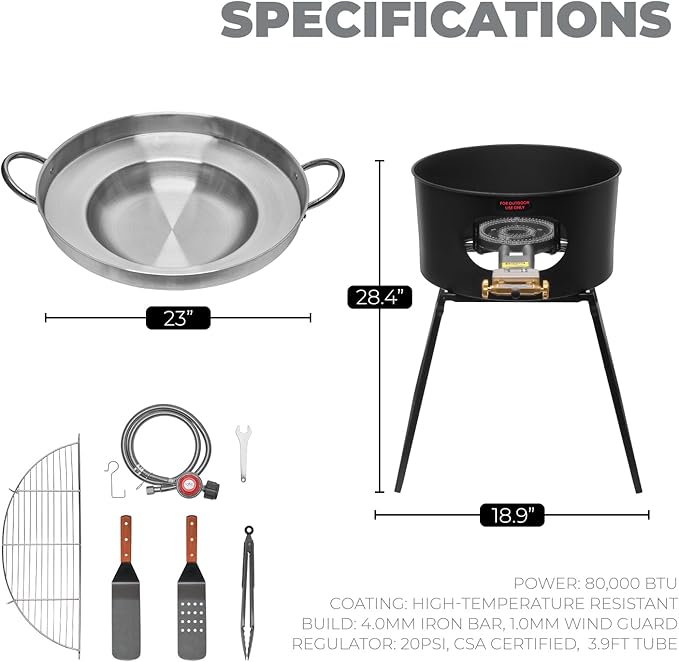 Barton 23" Concave Comal Set 80,000 BTU Propane Burner Stove and Burner Stand, Discada Disc Cooker, Taco Para Carnitas Tortillas Stir Fry Wok