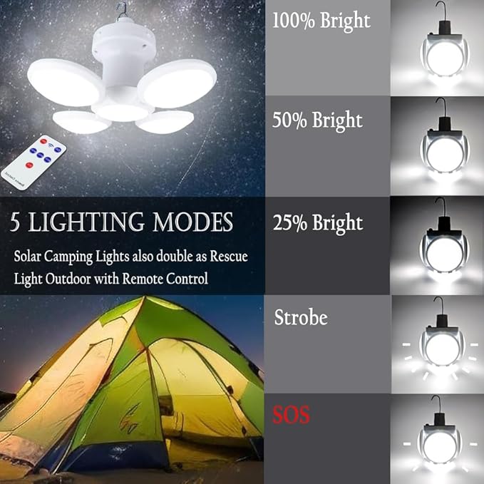 [4000mah] Folding Solar Camping Lights Rechargeable Lantern Waterproof Hanging Tent Collapsible Lamp Remote Control Blub LED USB Foldable Portable for Home Indoor Outdoor Emergency Power Outage 1 Pack