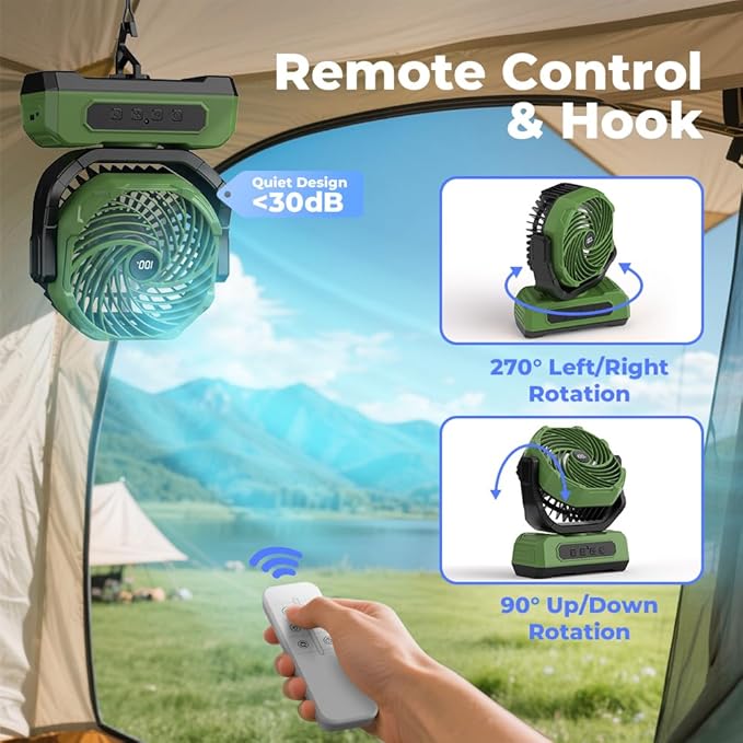30000mAh Portable Camping Fan with RGB Lantern, Rechargeable Battery Powered Oscillating 4 Wind Speeds LED Display, Remote Control Timer Tent Beach Cordless USB Fans for Travel Home Outdoor, Green