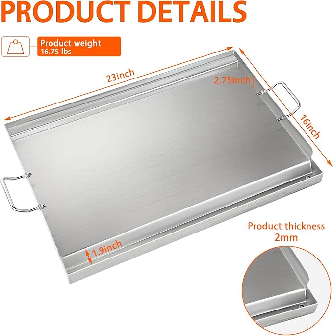 LotFun 23" x 16" Stainless Steel Cooking Griddle for Outdoor Gas Grill, Universal Griddle Flat Top Plate Insert with Grease Groove and Removable Handles for Electric/Charcoal/Gas Grill, Camping,Party