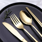 Portable Stainless Steel Flatware Set, Travel Camping Cutlery Set, Portable Utensil Travel Silverware Dinnerware Set with a Waterproof Case (Gold)