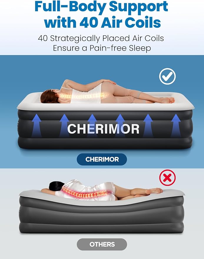 Queen Air Mattress with Built-in Pump, 18" Raised Comfort, 48Hr Leak-Proof Test, Upgraded Honeycomb Pillar Design, Supports 800 lbs, 3-Min Inflation-Inflatable Bed for Home Guests & Camping