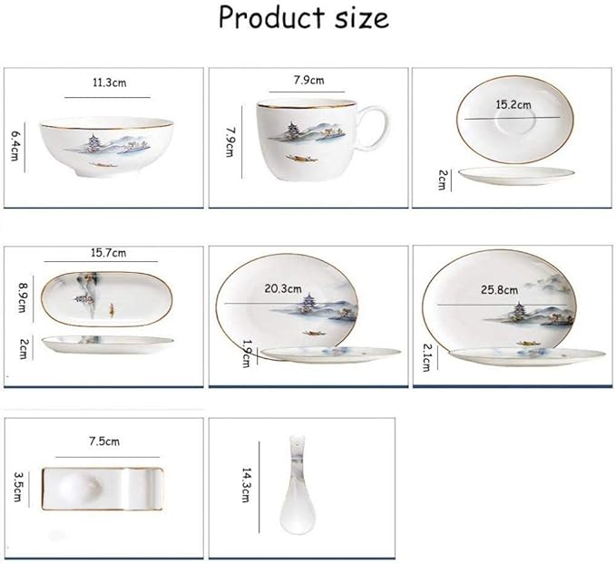 Pottery Tableware,8 Pieces Landscape Painting Porcelain Dinnerware Set Ceramic Plate Combination Sets Dinner Plate Dessert Plate Bowl and Mug