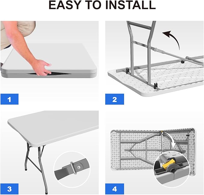 10 Pack Foldable Table 6ft, Plastic Folding Table, Portable Heavy Duty Dining Table with Lock Function & Carrying Handle, Outdoor Indoor Foldable White Table for Camping Party Picnic