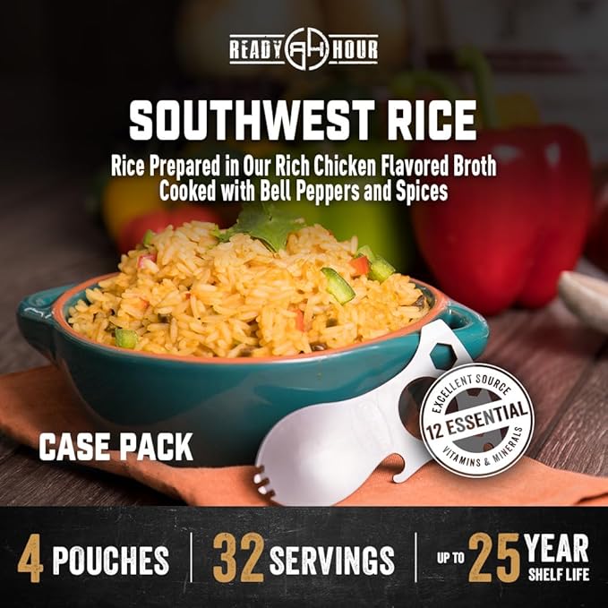 Ready Hour Southwest Savory Rice Case Pack – 32 Servings (4 Pouches) – Savory Rice Meal, Emergency Food Supply, Long Shelf Life, Bulk Storage, Prepper Pantry, Survival Rice