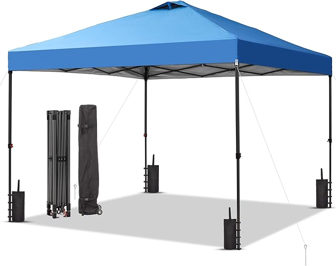 GDY 12x12 Pop Up Canopy Patio Carpas, One Push Set up with Central Lock Canopy with Wheeled Carry Bag, Included 4 Sandbaogs,8 Stakes and 4 Ropes, Blue