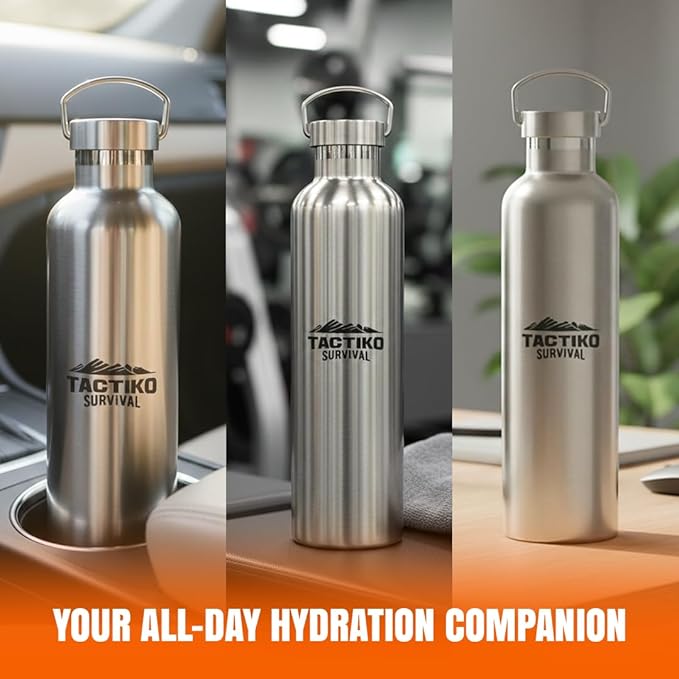 Tactiko Survival 1000ml / 34 oz Insulated Stainless Steel Wide Mouth Water Bottle, Double Wall Insulation - Leakproof, BPA-Free with Cleaning Brush for Camping, Hiking, Outdoor Prep