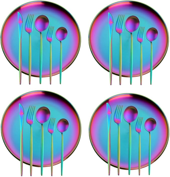 Dinner Plates Set with knife, fork，spoon,Stainless steel tableware，colourful metal dessert salad and steak plate, Services for 4,dinner camping, unbreakable & reusable (11.8inch)