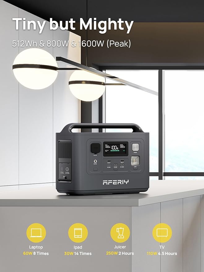 AFERIY Portable Power Station 800W / 512Wh Power Station LiFePO4 Battery, Quick Charge in 1.5H, 1 AC Outlets, UPS, Solar Generator, Electric Generator for Home Camping Use