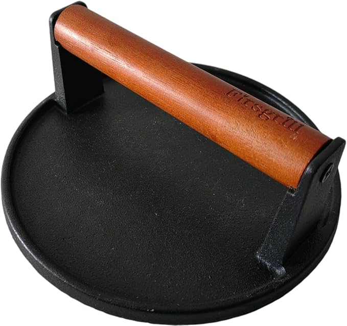 Firsgrill Cast Iron Grill Presses with Wood Handle (Round & Rectangle w Flat Bottom)