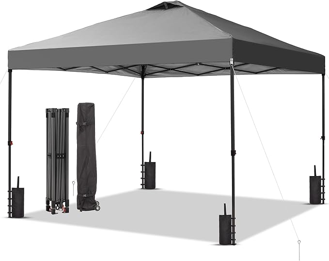 GDY 12x12 Pop Up Canopy Patio Carpas, One Push Set up with Central Lock Canopy with Wheeled Carry Bag, Included 4 Sandbaogs,8 Stakes and 4 Ropes, Gray