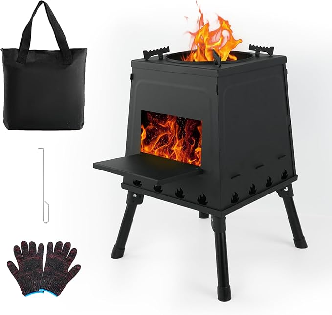 Portable Wood Burning Stove - Lightweight Cast Iron Camp Stove for Backpacking，Portable and Easy-To-Assemble Backpacking Camping Stove Kit (Black, Large)