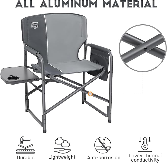 TIMBER RIDGE Lightweight Oversized Camping Chair, Aluminum Directors Chair with Side Table for Outdoor Camping, Lawn, Picnic and Fishing, Supports 400lbs, Gray 2PCS