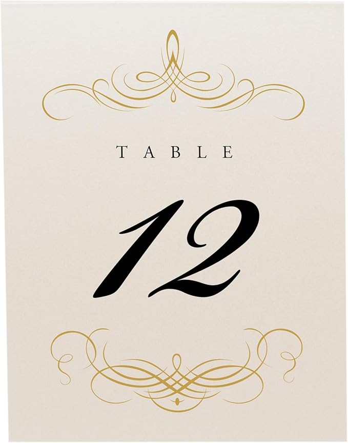Decadent Flourish Wedding Table Numbers (Select Color/Quantity), Champagne, Gold, 1-30, Double Sided, Tent or Use in a Stand, Great for Parties & Restaurants - Made in the USA
