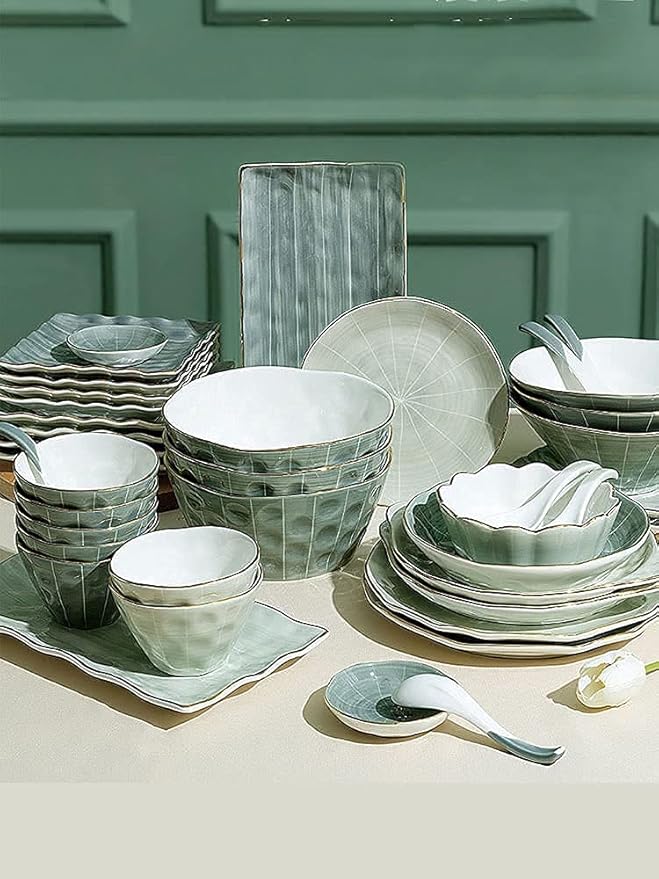 9-44 Piece Reactive Glaze Tableware Set, Nordic Luxury Tableware Set and Plate Service for 2-10 People, Large Capacity, Non-Slip Base, Phnom Penh Tableware Set (44pieces)