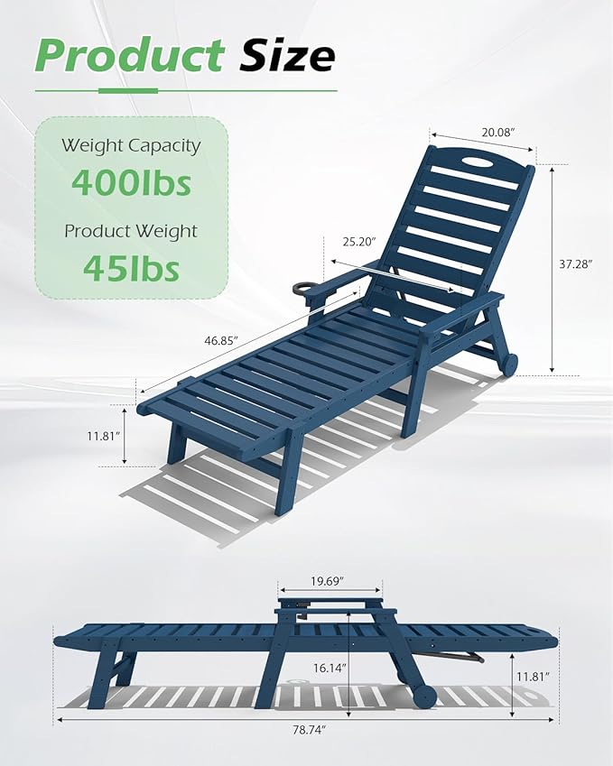 Domi Patio Lounge Chair Outdoor, HDPE Outdoor Chaise Lounge with Reclining Backrest, Pool Lounger Chair for Outside, Poolside, Sunbathing Tanning, Blue